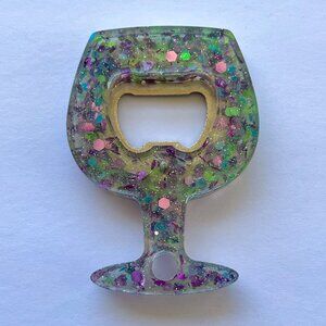 Purple Green Glitter Wine Glass Resin Bottle Opener with Fridge Magnet Bar Gift
